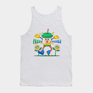 Retro cartoon Fresh drink, cup drink dancing in the garden with flowers Tank Top